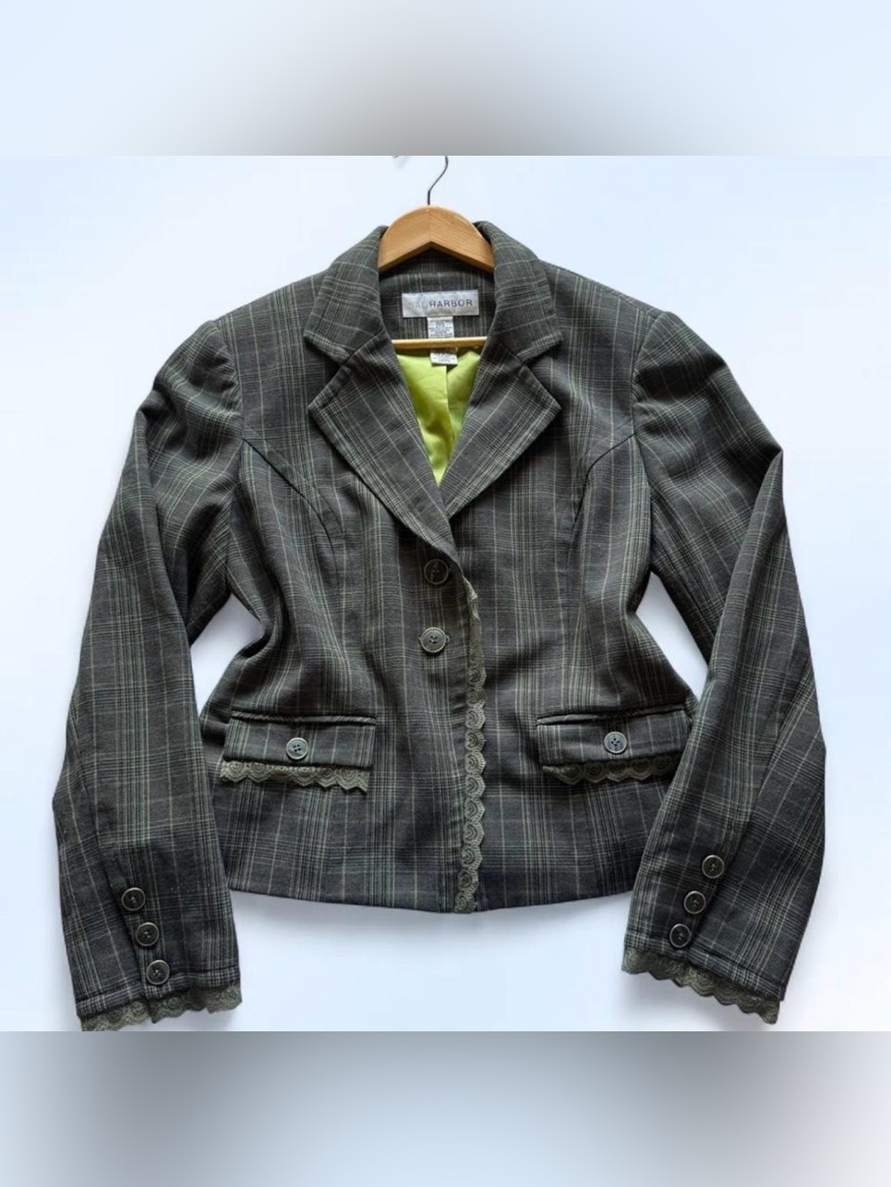 Sag Harbor Vintage Y2K Plaid Blazer 14 Chartreuse Lining Lace Trim